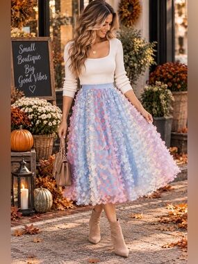 Umgee Pastel Butterfly Midi Skirt - Light Blue, Pink & Cream